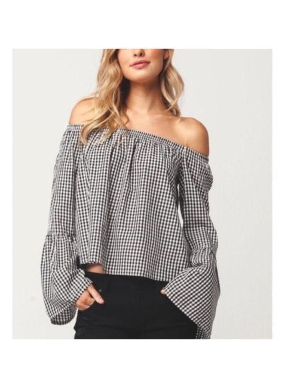 Love, Fire Off-the-Shoulder Gingham Plaid Blouse